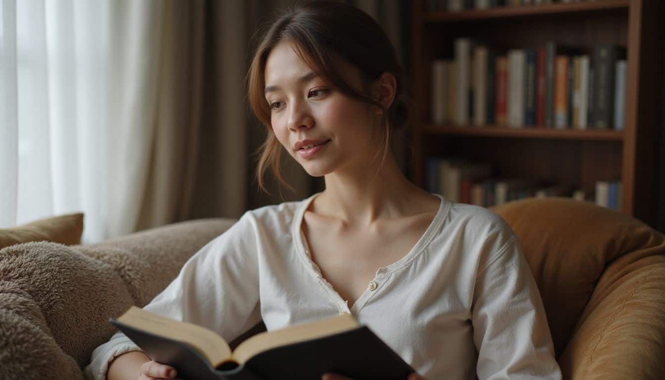 A young woman engrossed in reading a romantasy novel in a cozy room. A young woman engrossed in reading a romantasy novel in a cozy room.