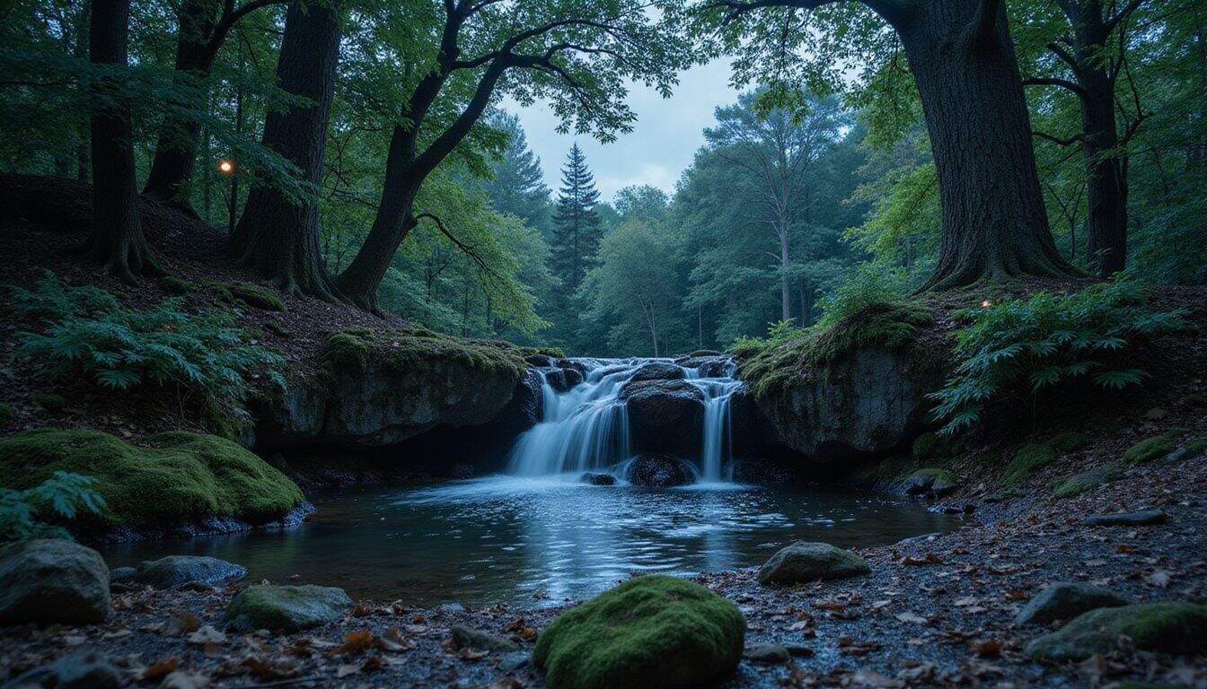 A serene forest clearing at dusk, with a waterfall, fireflies, and moonlit reflections. A serene forest clearing at dusk, with a waterfall, fireflies, and moonlit reflections.