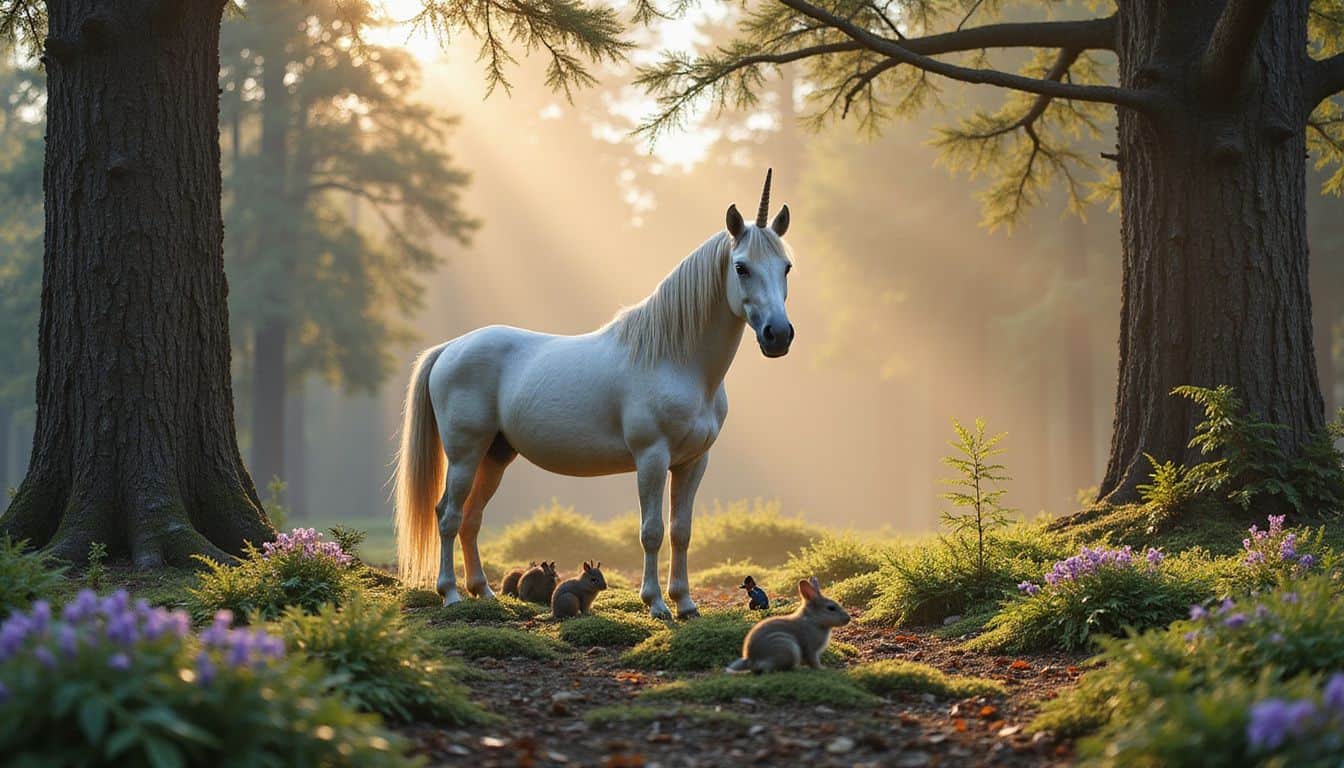 A majestic unicorn stands in a misty forest clearing at dawn surrounded by diverse woodland flora and fauna. A majestic unicorn stands in a misty forest clearing at dawn surrounded by diverse woodland flora and fauna.