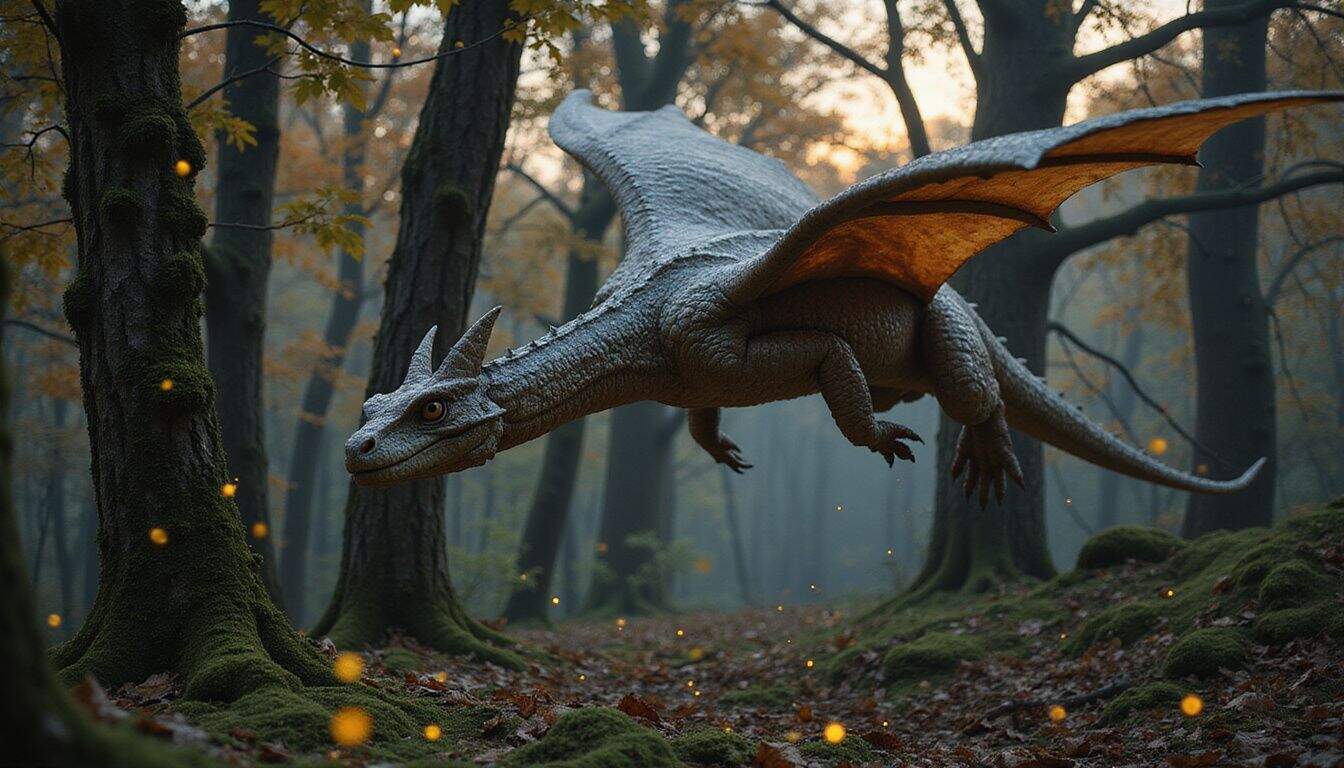 A majestic dragon soars above a dense forest at dusk, with intricate details and a serene yet commanding presence. A majestic dragon soars above a dense forest at dusk, with intricate details and a serene yet commanding presence.