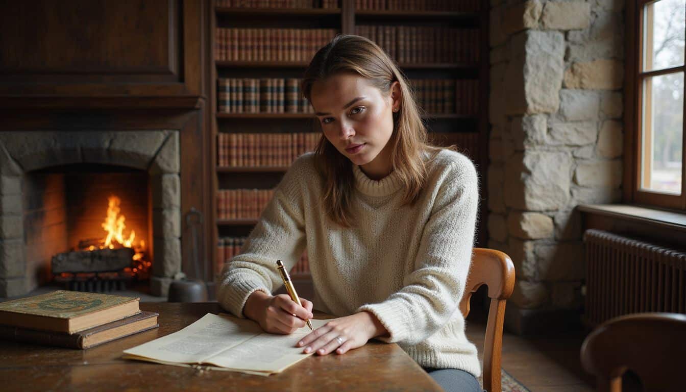 A woman in her 30s sits in a cozy library, writing notes by a flickering fireplace. A woman in her 30s sits in a cozy library, writing notes by a flickering fireplace.