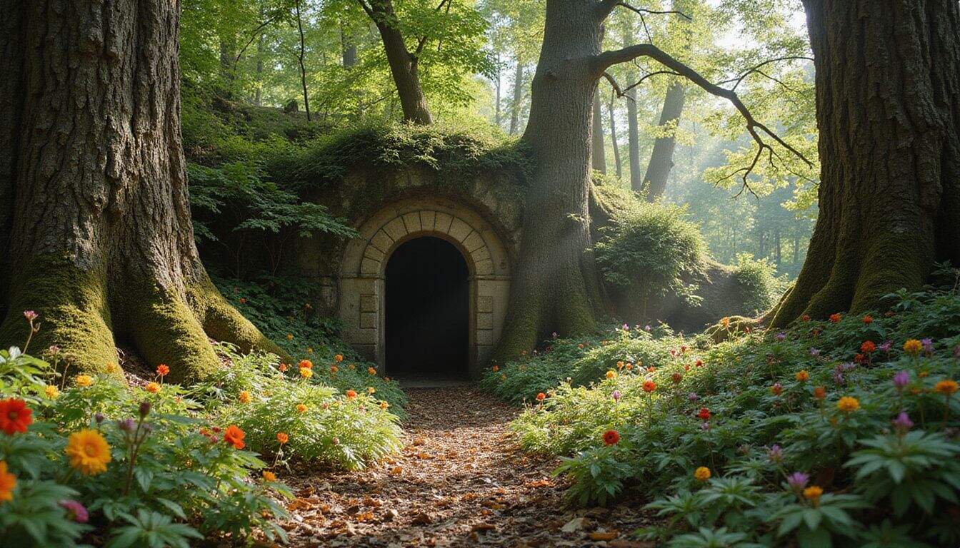 An ancient forest with towering trees, vibrant foliage, and a hidden stone entrance. An ancient forest with towering trees, vibrant foliage, and a hidden stone entrance.