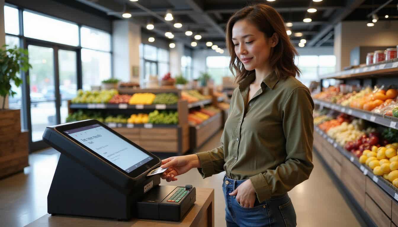 A woman in her 30s uses a self-checkout terminal at a grocery store, appearing relaxed and focused.