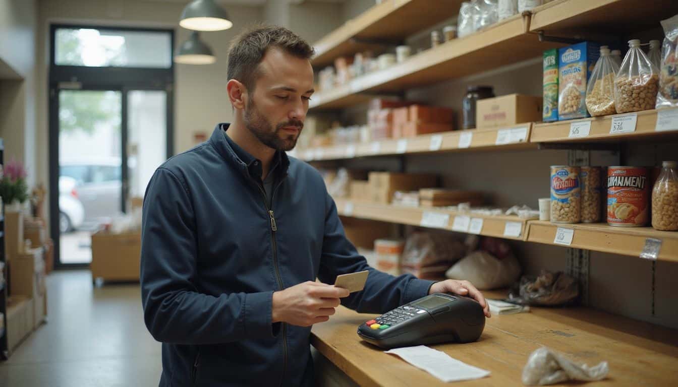 A focused man in a navy jacket uses a debit card at a grocery store checkout surrounded by neatly arranged products.