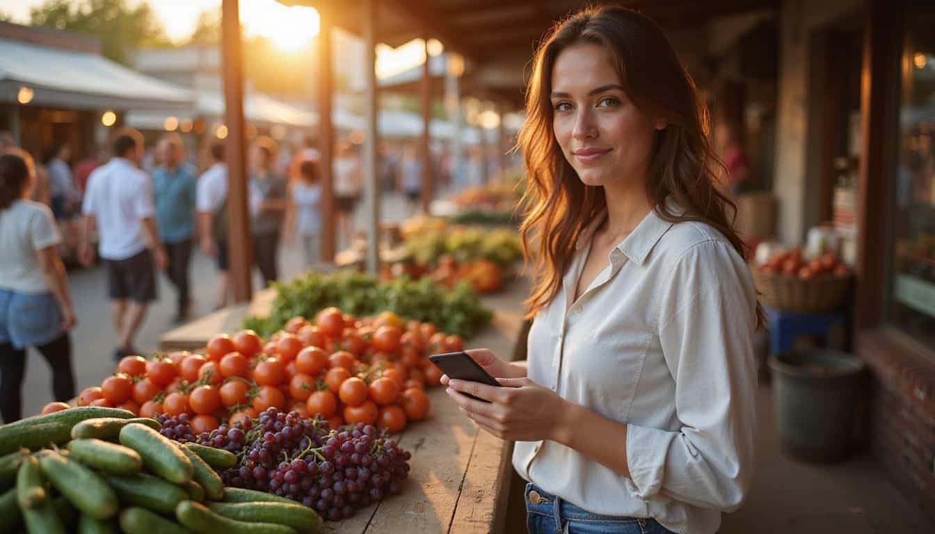 A woman in her late 20s shops at a lively outdoor market, holding a debit card to make a payment.