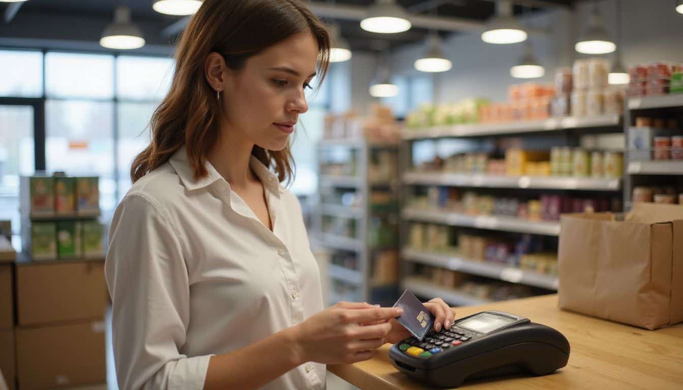 A woman in her 30s is focused on completing a transaction at a grocery store checkout counter.