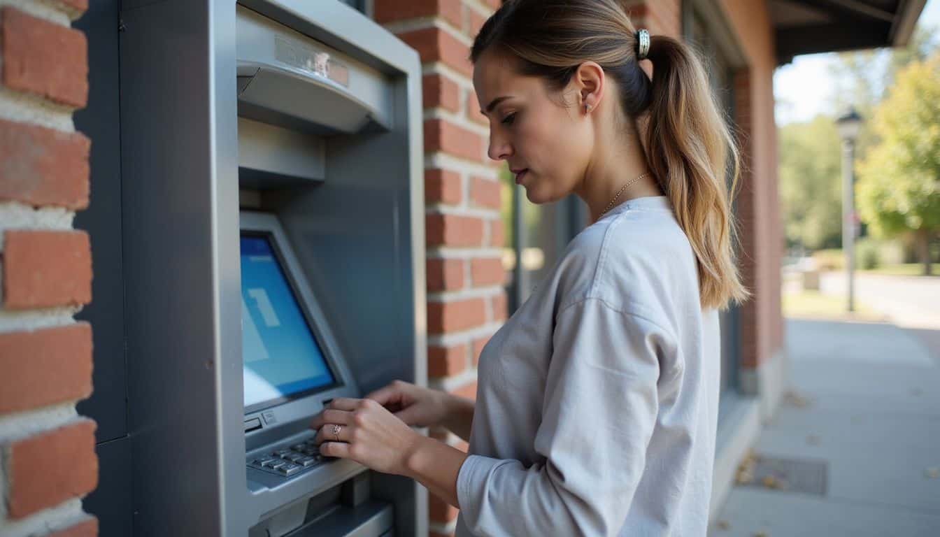A woman in a light blouse uses an outdoor ATM, focusing intently on the touchscreen interface.