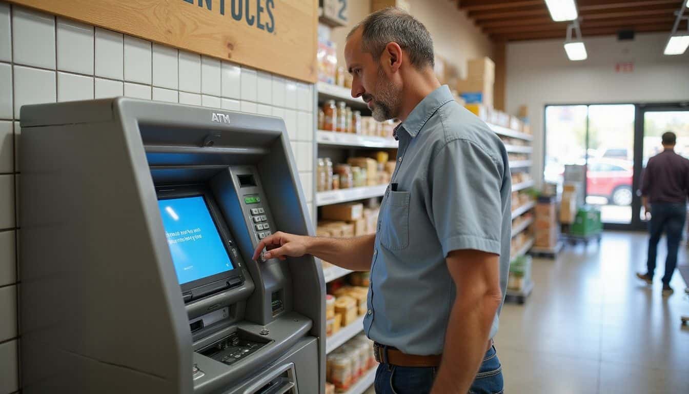 A man stands beside an ATM in a grocery store aisle, preparing to enter his PIN.