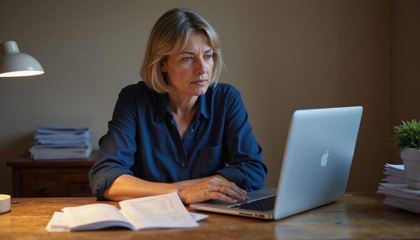 A middle-aged woman concentrates on her laptop at a cluttered wooden desk in a cozy home office. A middle-aged woman concentrates on her laptop at a cluttered wooden desk in a cozy home office.