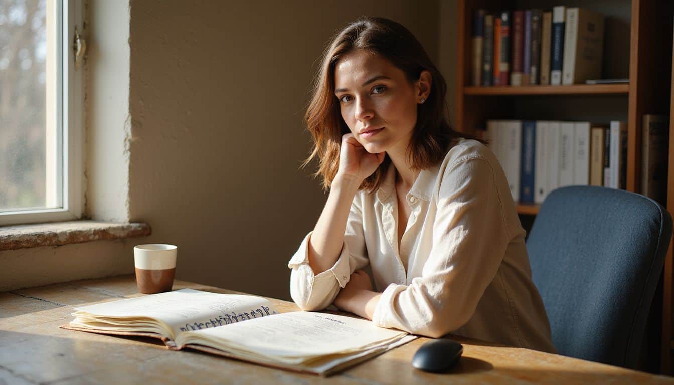 A woman in her 30s works thoughtfully at a cluttered wooden desk in her home office. A woman in her 30s works thoughtfully at a cluttered wooden desk in her home office.