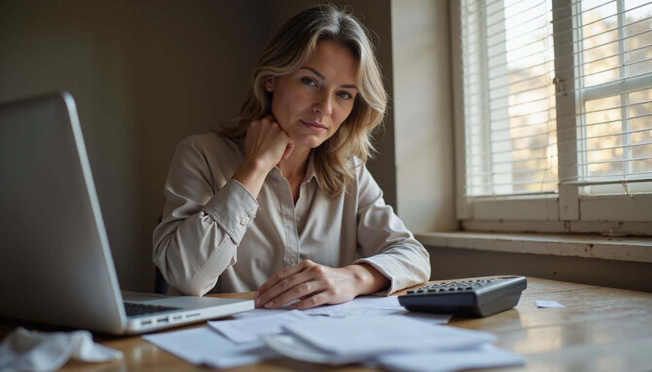 A middle-aged woman diligently reviews financial documents at her wooden desk, reflecting her focused determination in managing business expenses. A middle-aged woman diligently reviews financial documents at her wooden desk, reflecting her focused determination in managing business expenses.