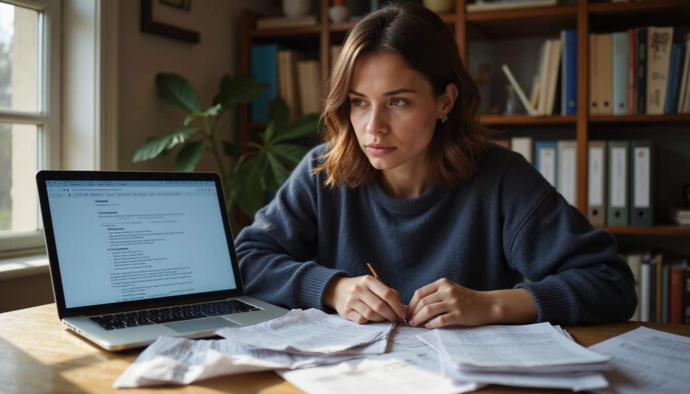 A woman in a sweater studies tax documents at a cluttered wooden desk, embodying concentration and everyday stress. A woman in a sweater studies tax documents at a cluttered wooden desk, embodying concentration and everyday stress.