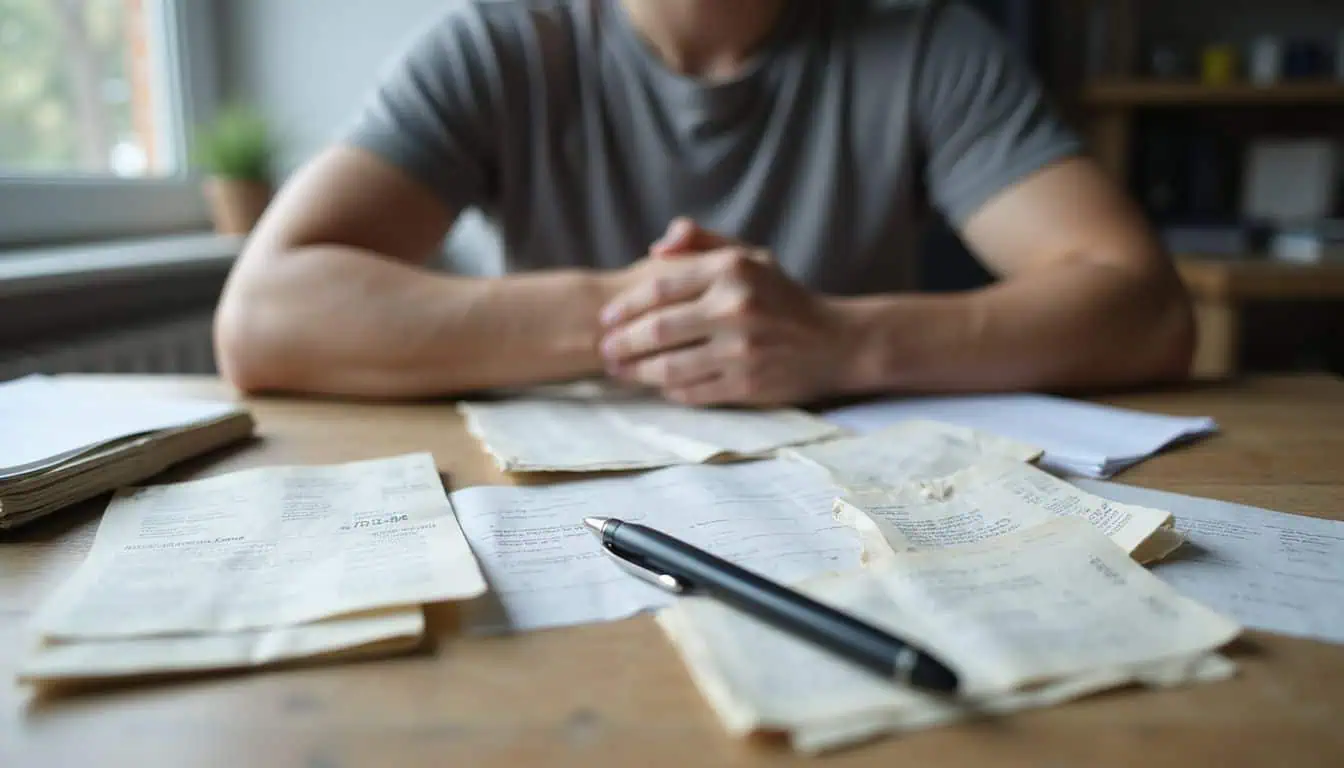 A cluttered oak desk holds crumpled receipts, invoices, and bills, while a person focuses intently on their work. A cluttered oak desk holds crumpled receipts, invoices, and bills, while a person focuses intently on their work.
