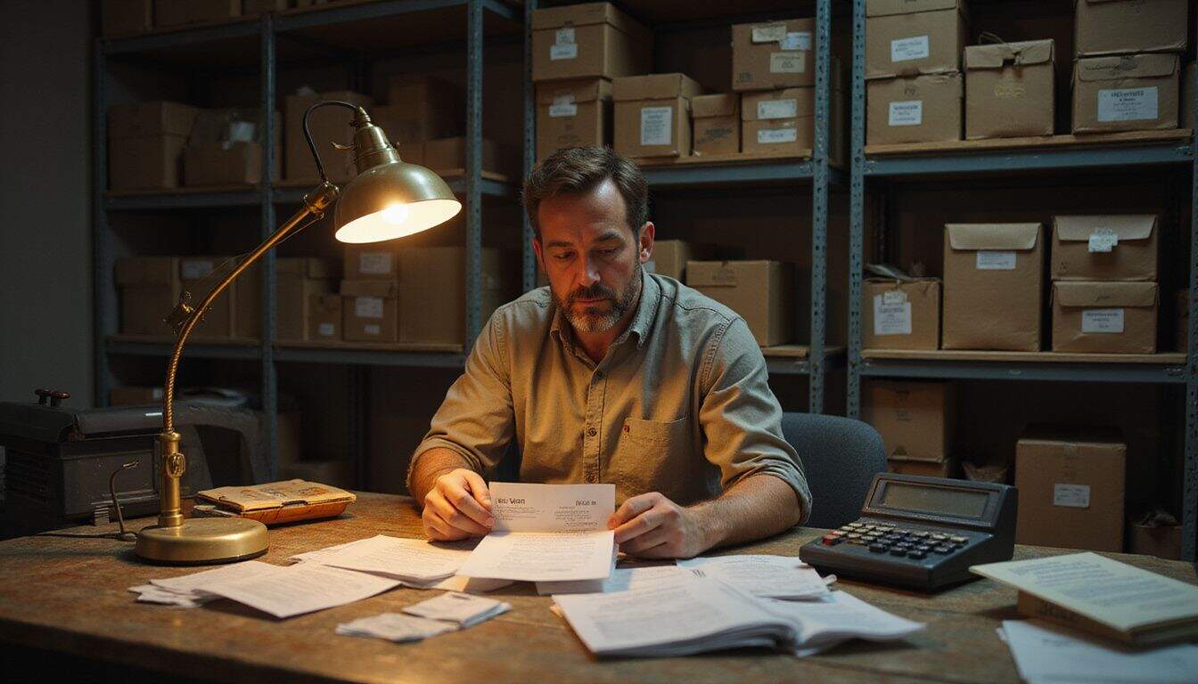 A middle-aged man focused on documents at a cluttered wooden desk surrounded by shelves of labeled boxes. A middle-aged man focused on documents at a cluttered wooden desk surrounded by shelves of labeled boxes.