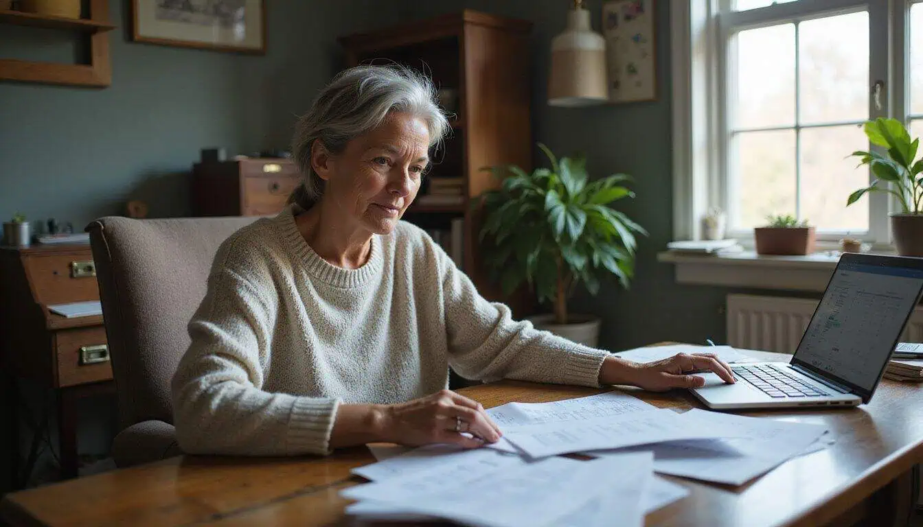 An elderly woman diligently reviews financial documents at her home office desk, showcasing focus and determination. An elderly woman diligently reviews financial documents at her home office desk, showcasing focus and determination.