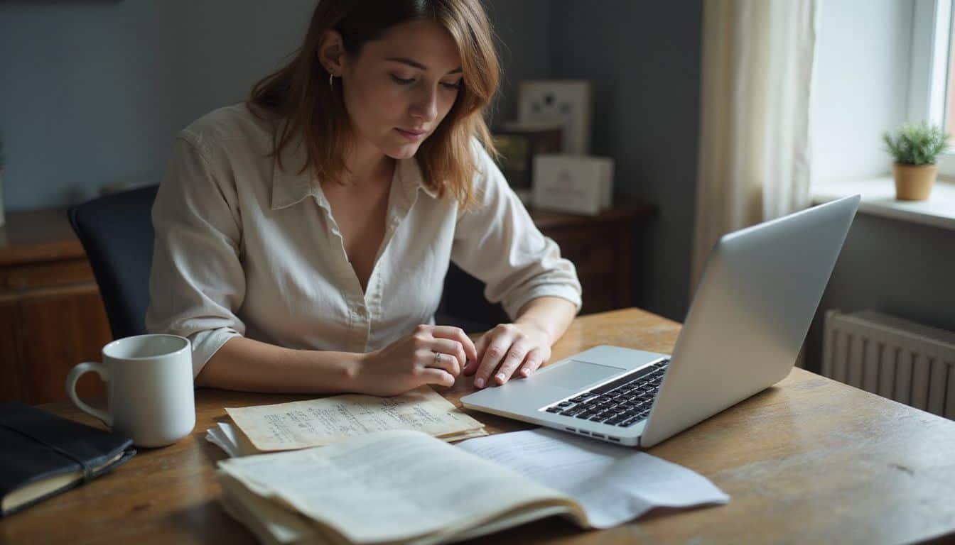 A focused woman organizes paperwork at a wooden desk in a lived-in office, surrounded by personal items and a laptop. A focused woman organizes paperwork at a wooden desk in a lived-in office, surrounded by personal items and a laptop.