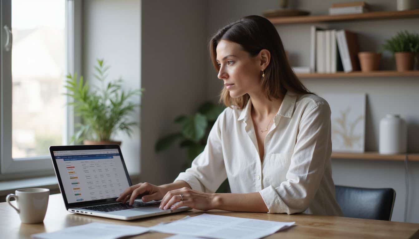 A woman in her 40s focuses on her laptop at a modern desk in a cozy home office. A woman in her 40s focuses on her laptop at a modern desk in a cozy home office.