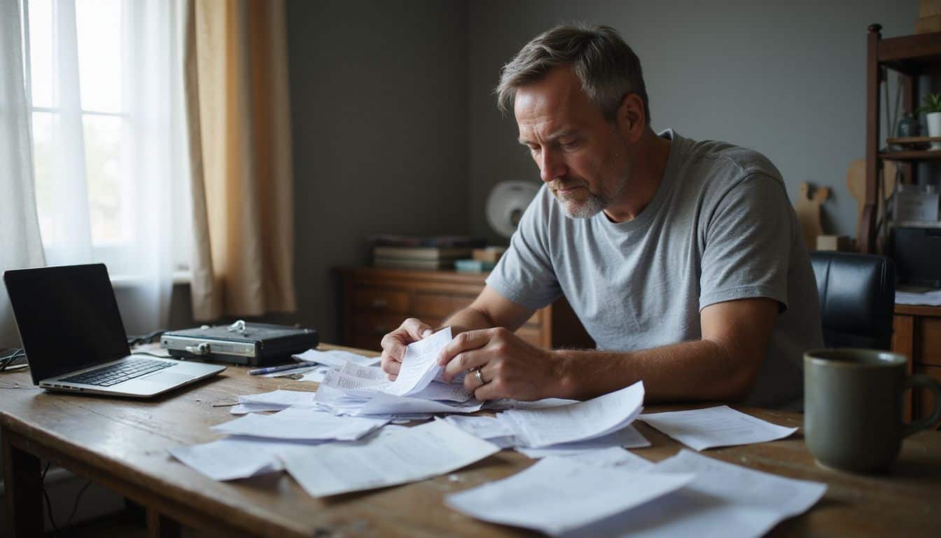 A middle-aged man diligently sorts through receipts and invoices at a cluttered wooden desk in his home office. A middle-aged man diligently sorts through receipts and invoices at a cluttered wooden desk in his home office.