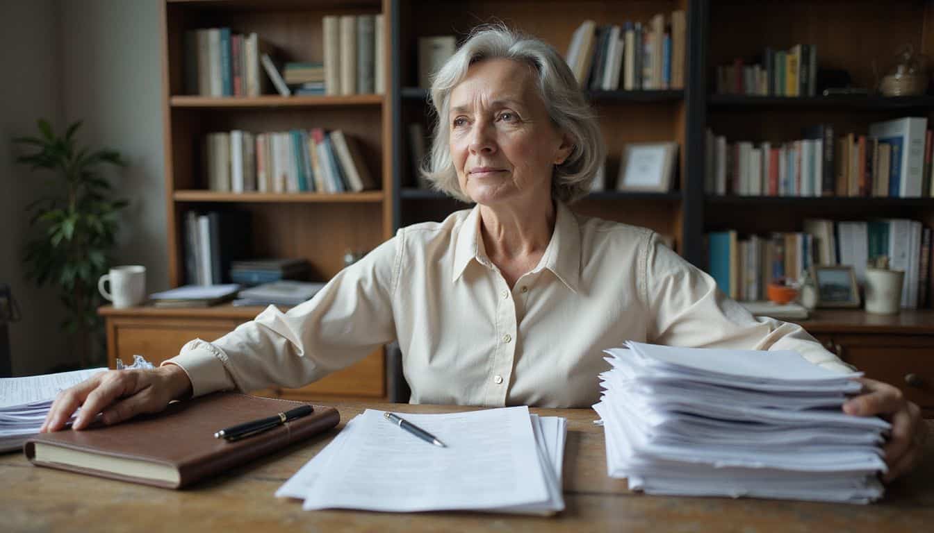 An older woman organizes expense reports at a cluttered wooden desk filled with documents and an open planner. An older woman organizes expense reports at a cluttered wooden desk filled with documents and an open planner.