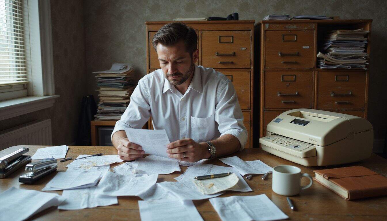 A cluttered office desk filled with unpaid bills and a concerned individual highlights the stress of financial obligations. A cluttered office desk filled with unpaid bills and a concerned individual highlights the stress of financial obligations.