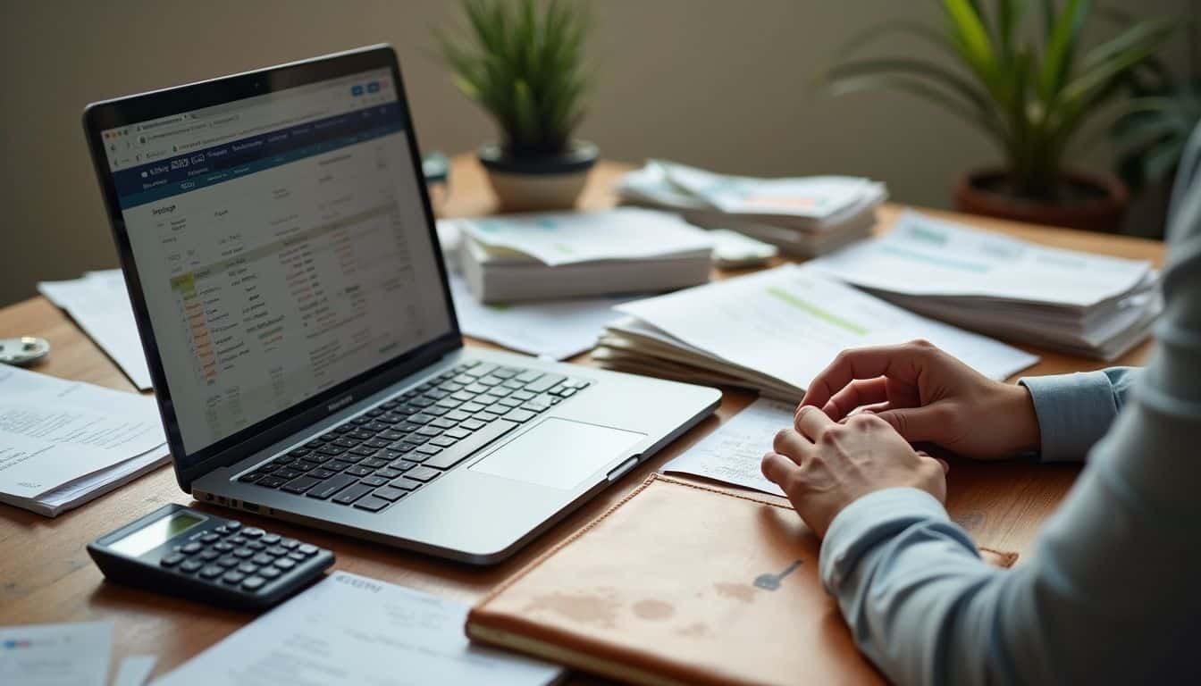 A focused individual works at a cluttered office desk, surrounded by invoices, receipts, and a glowing laptop screen. A focused individual works at a cluttered office desk, surrounded by invoices, receipts, and a glowing laptop screen.