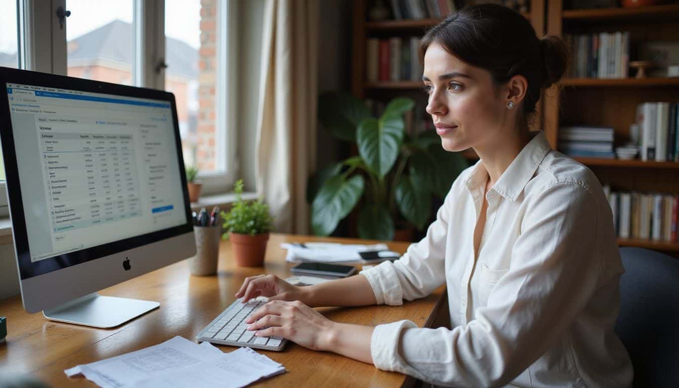 A woman in her 30s works focused at a wooden desk cluttered with receipts, using expense tracking software on her computer. A woman in her 30s works focused at a wooden desk cluttered with receipts, using expense tracking software on her computer.