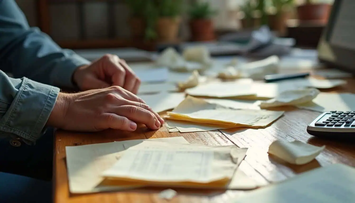 A cluttered home office desk is filled with receipts, invoices, and a calculator, reflecting a sense of overwhelmed concentration. A cluttered home office desk is filled with receipts, invoices, and a calculator, reflecting a sense of overwhelmed concentration.