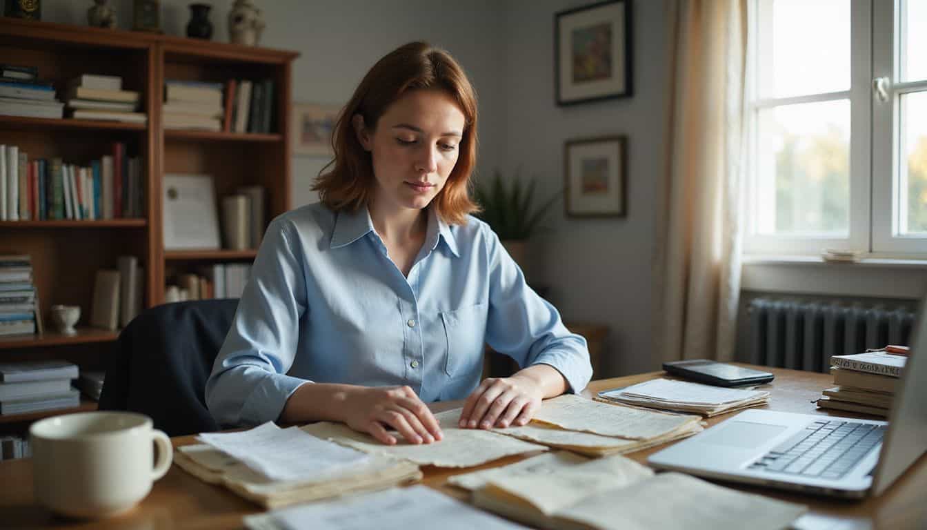 A focused woman sorts through receipts at her cluttered home office desk, reflecting her meticulous approach to managing expenses. A focused woman sorts through receipts at her cluttered home office desk, reflecting her meticulous approach to managing expenses.