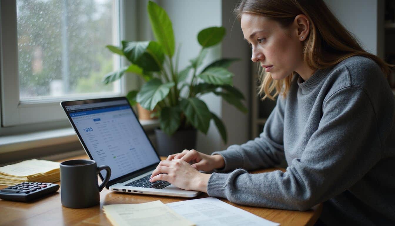A woman in a cozy home office manages expenses on her laptop, surrounded by receipts and coffee. A woman in a cozy home office manages expenses on her laptop, surrounded by receipts and coffee.