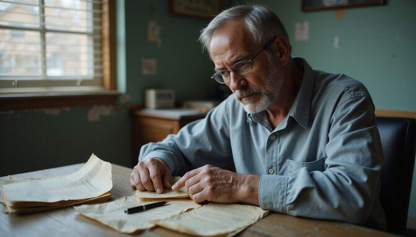 An older man examines a crumpled receipt at a cluttered wooden desk in a small home office. An older man examines a crumpled receipt at a cluttered wooden desk in a small home office.