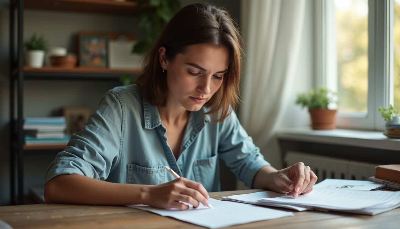 A woman in her early 30s sorts through crumpled receipts at a worn wooden desk in a casual workspace. A woman in her early 30s sorts through crumpled receipts at a worn wooden desk in a casual workspace.