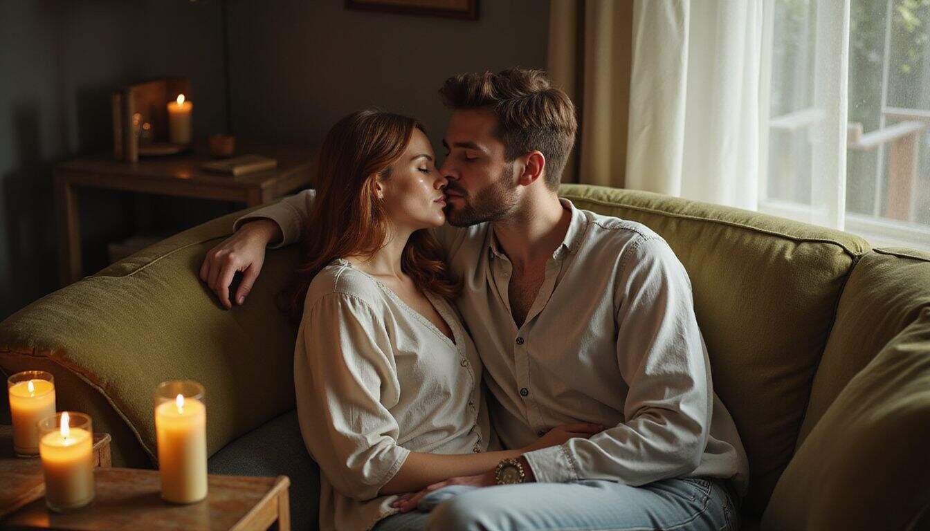 A young couple in their late 20s share a tender kiss on a vintage couch surrounded by candles. A young couple in their late 20s share a tender kiss on a vintage couch surrounded by candles.
