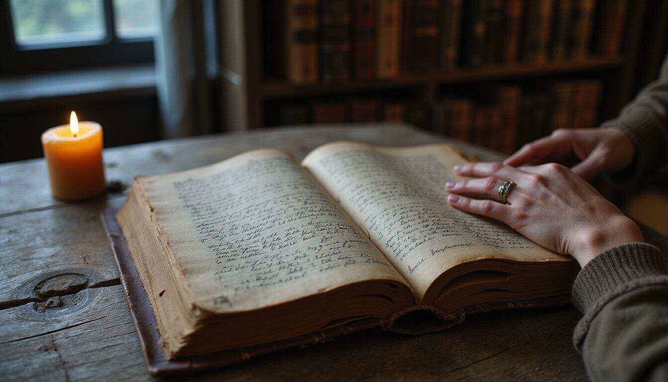 A weathered leather journal filled with handwritten notes and sketches, accompanied by a flickering beeswax candle in a quiet library. A weathered leather journal filled with handwritten notes and sketches, accompanied by a flickering beeswax candle in a quiet library.