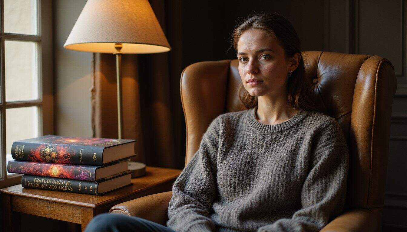 A well-loved leather armchair with a stack of fantasy romance novels and a person reading. A well-loved leather armchair with a stack of fantasy romance novels and a person reading.