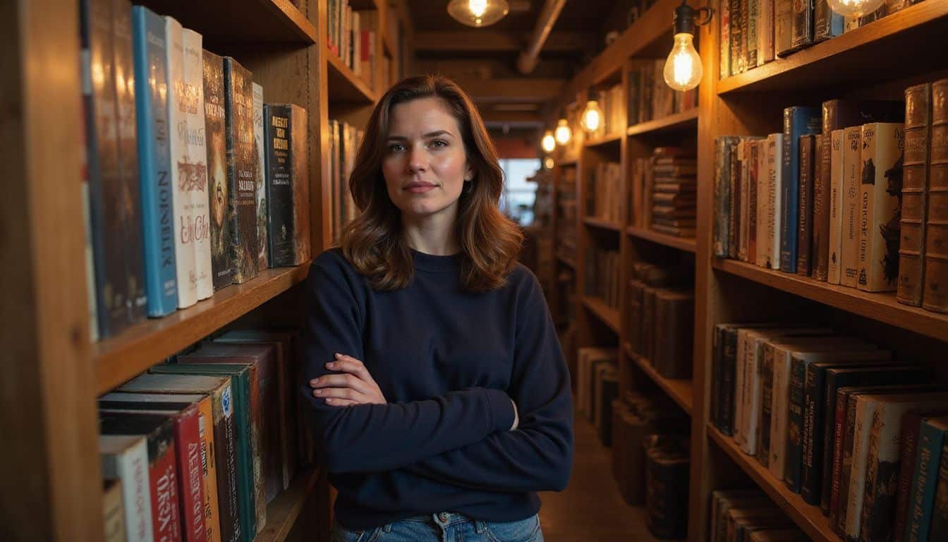 A woman in her 30s stands in a cozy bookstore, browsing fantasy novels with unique content labels and reader ratings. A woman in her 30s stands in a cozy bookstore, browsing fantasy novels with unique content labels and reader ratings.