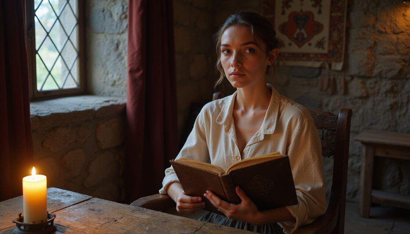 A young woman is seated in a medieval-inspired bedroom, engrossed in an aged fantasy novel. A young woman is seated in a medieval-inspired bedroom, engrossed in an aged fantasy novel.