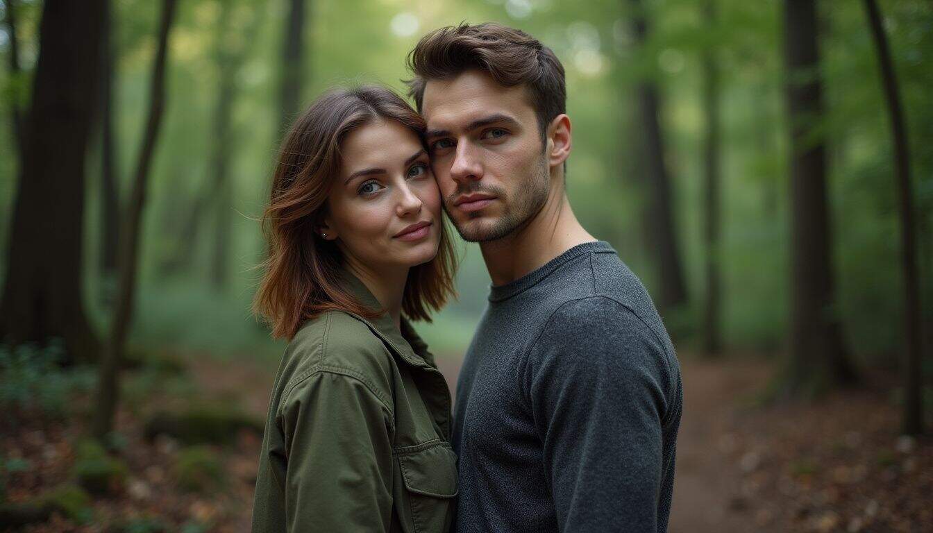 A couple in their late 20s stands closely in a dense forest during the early evening, expressing a serene and intimate connection. A couple in their late 20s stands closely in a dense forest during the early evening, expressing a serene and intimate connection.