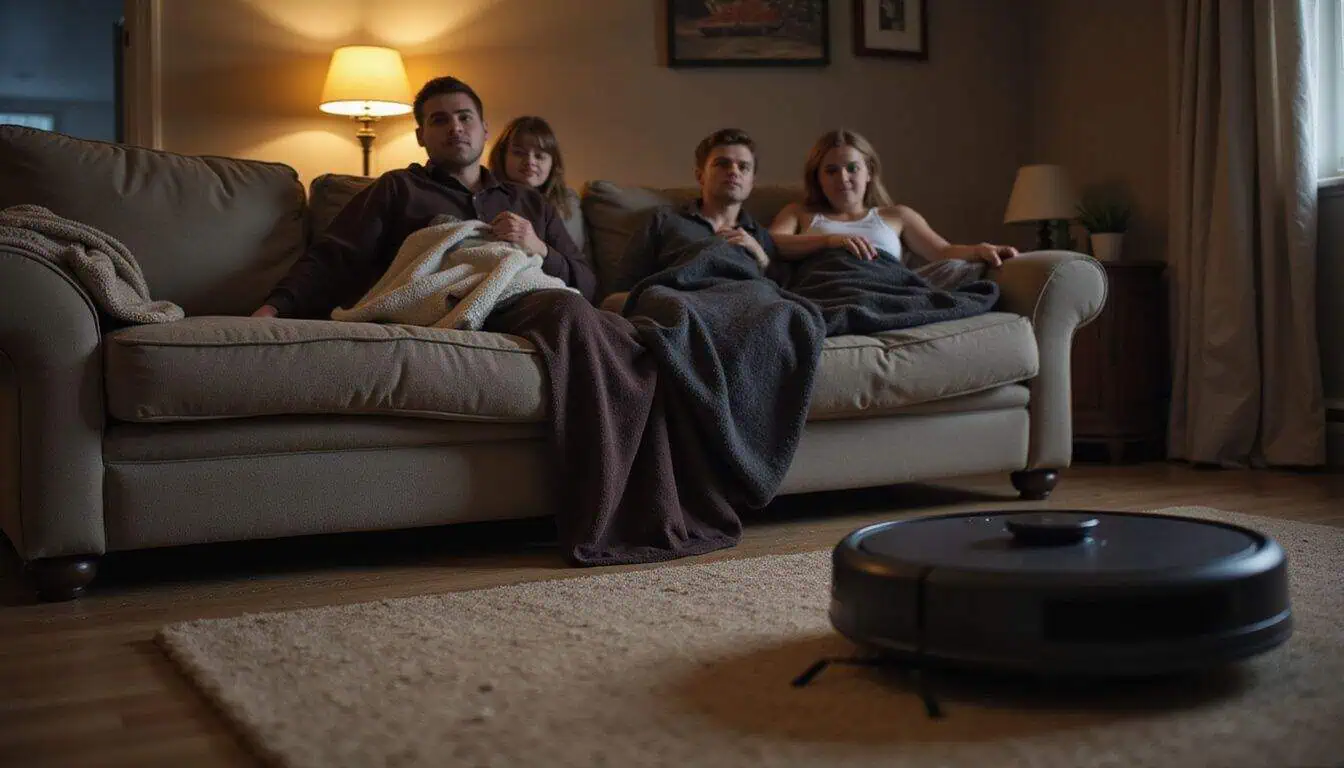 A person enjoys a horror movie on a couch while a robot vacuum cleaner quietly cleans the hardwood floor. A person enjoys a horror movie on a couch while a robot vacuum cleaner quietly cleans the hardwood floor.