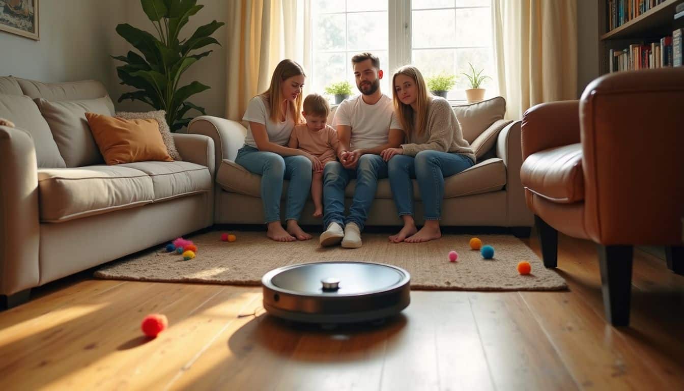 A family of four watches curiously as their robot vacuum navigates around toys and crumbs in their cozy living room.