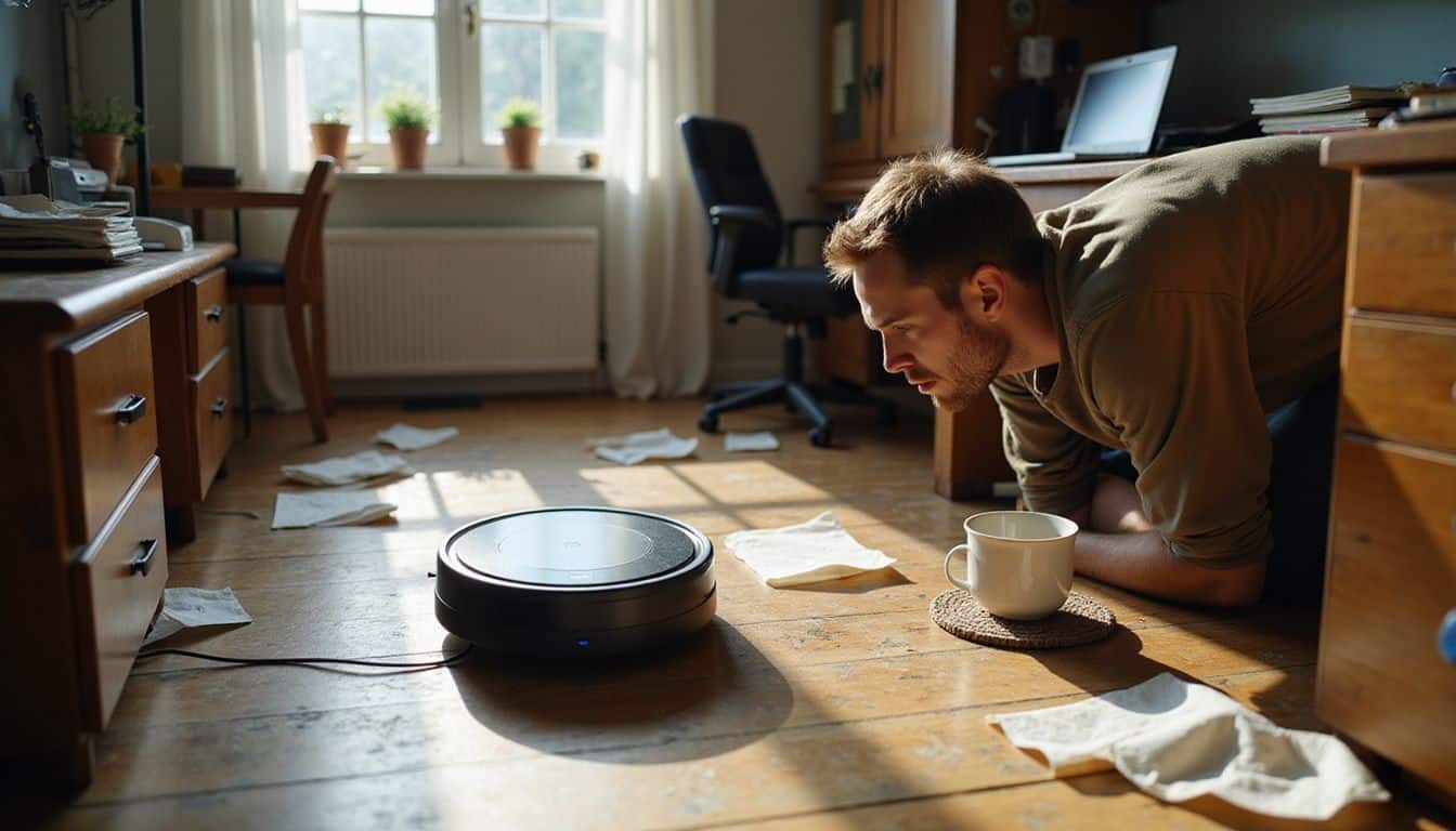 A robot vacuum named Dustbin Hoffman navigates a cluttered home office while a focused individual observes its movement. A robot vacuum named Dustbin Hoffman navigates a cluttered home office while a focused individual observes its movement.