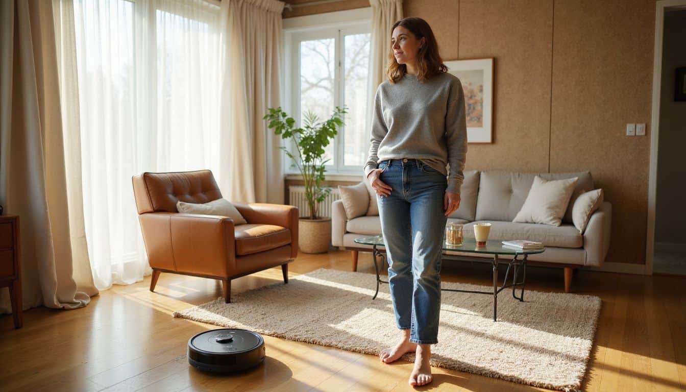 A woman in a gray sweater stands relaxed in a cozy, mid-century modern living room with a robot vacuum. A woman in a gray sweater stands relaxed in a cozy, mid-century modern living room with a robot vacuum.