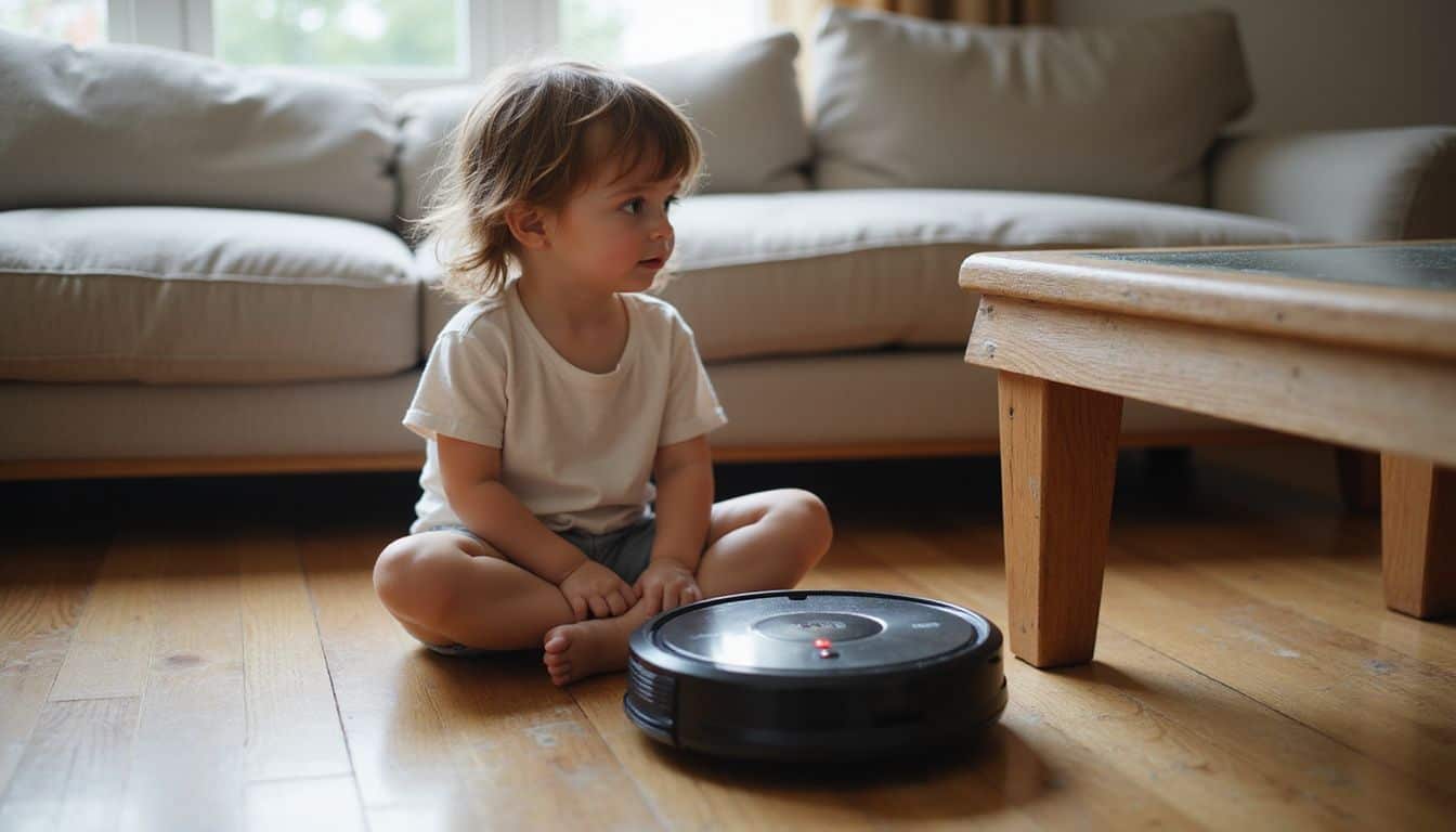 A young child sits cross-legged on the floor, curiously watching a modern robot vacuum cleaner. A young child sits cross-legged on the floor, curiously watching a modern robot vacuum cleaner.