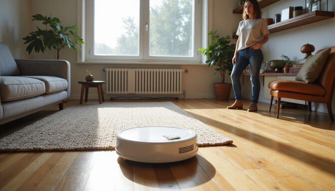 A sleek robot vacuum navigates a stylish, lived-in living room filled with mid-century furnishings and quirky decor. A sleek robot vacuum navigates a stylish, lived-in living room filled with mid-century furnishings and quirky decor.