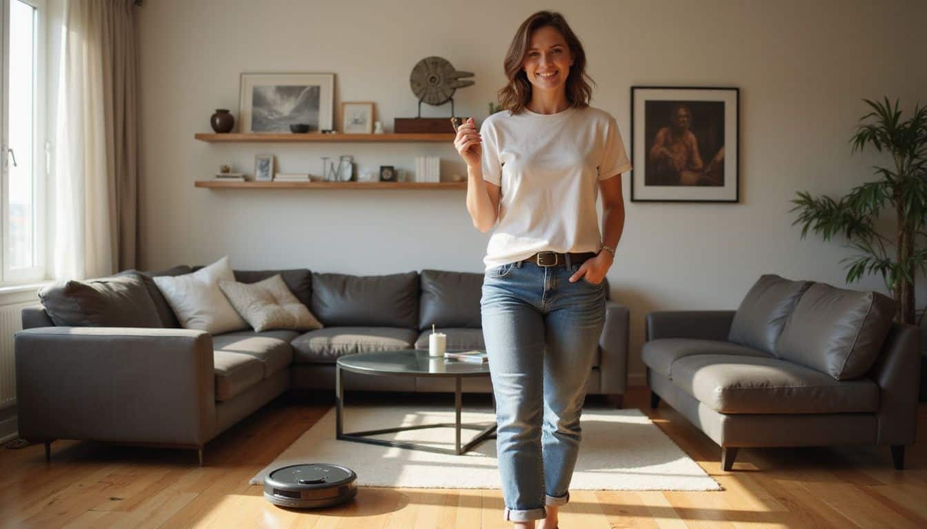 A cheerful woman gestures playfully in a stylish living room, while a robot vacuum glides across the oak floor. A cheerful woman gestures playfully in a stylish living room, while a robot vacuum glides across the oak floor.