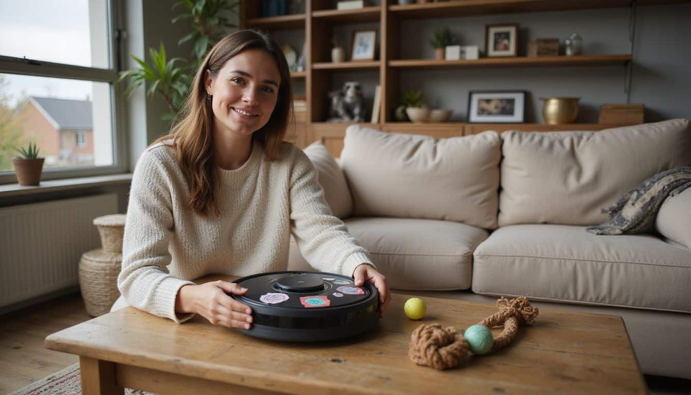 A woman smiles as she adjusts a robot vacuum in her cozy, pet-friendly living room filled with toys and framed photos. A woman smiles as she adjusts a robot vacuum in her cozy, pet-friendly living room filled with toys and framed photos.