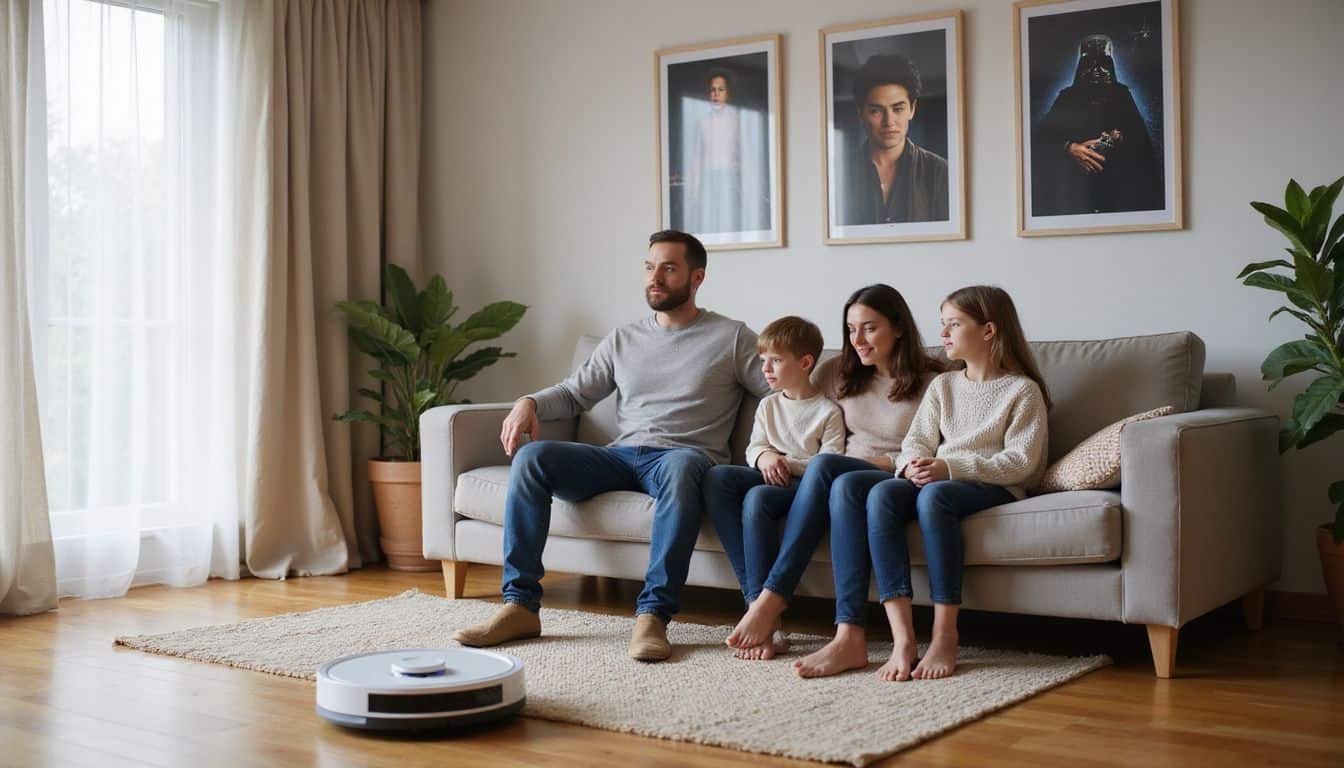 A family of four enjoys a cozy moment together in their stylish living room, accompanied by a robot vacuum. A family of four enjoys a cozy moment together in their stylish living room, accompanied by a robot vacuum.