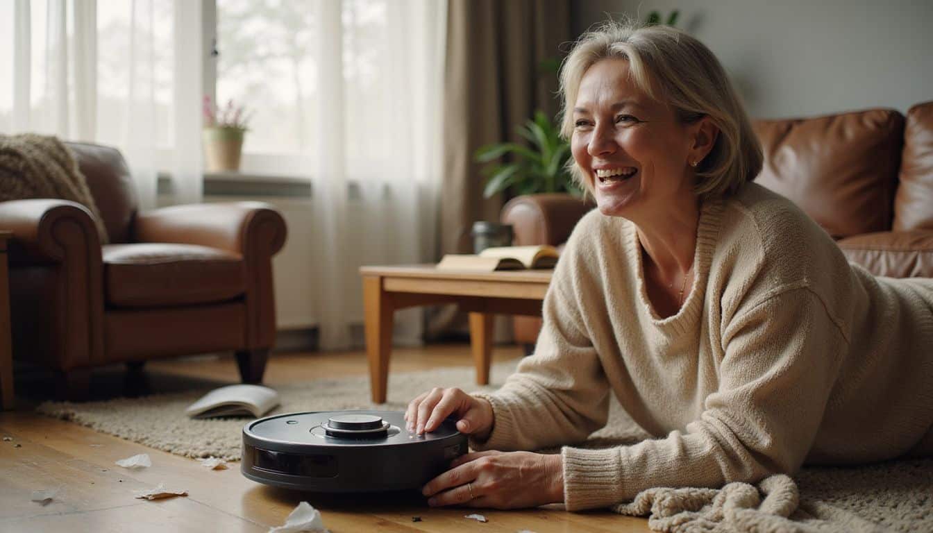 A cheerful middle-aged woman playfully interacts with a robot vacuum in a cozy, lived-in living room.