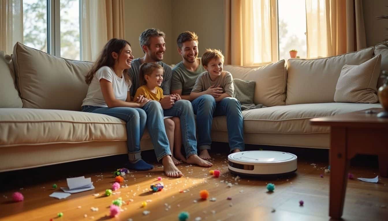 A cheerful family of four enjoys watching their robot vacuum navigate a lively living room filled with toys and clutter.