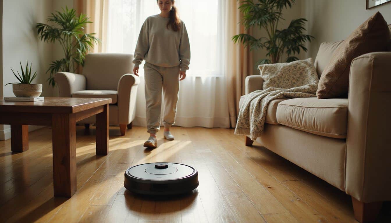 A woman curiously watches a sleek robot vacuum navigate her living room's hardwood floor. A woman curiously watches a sleek robot vacuum navigate her living room's hardwood floor.