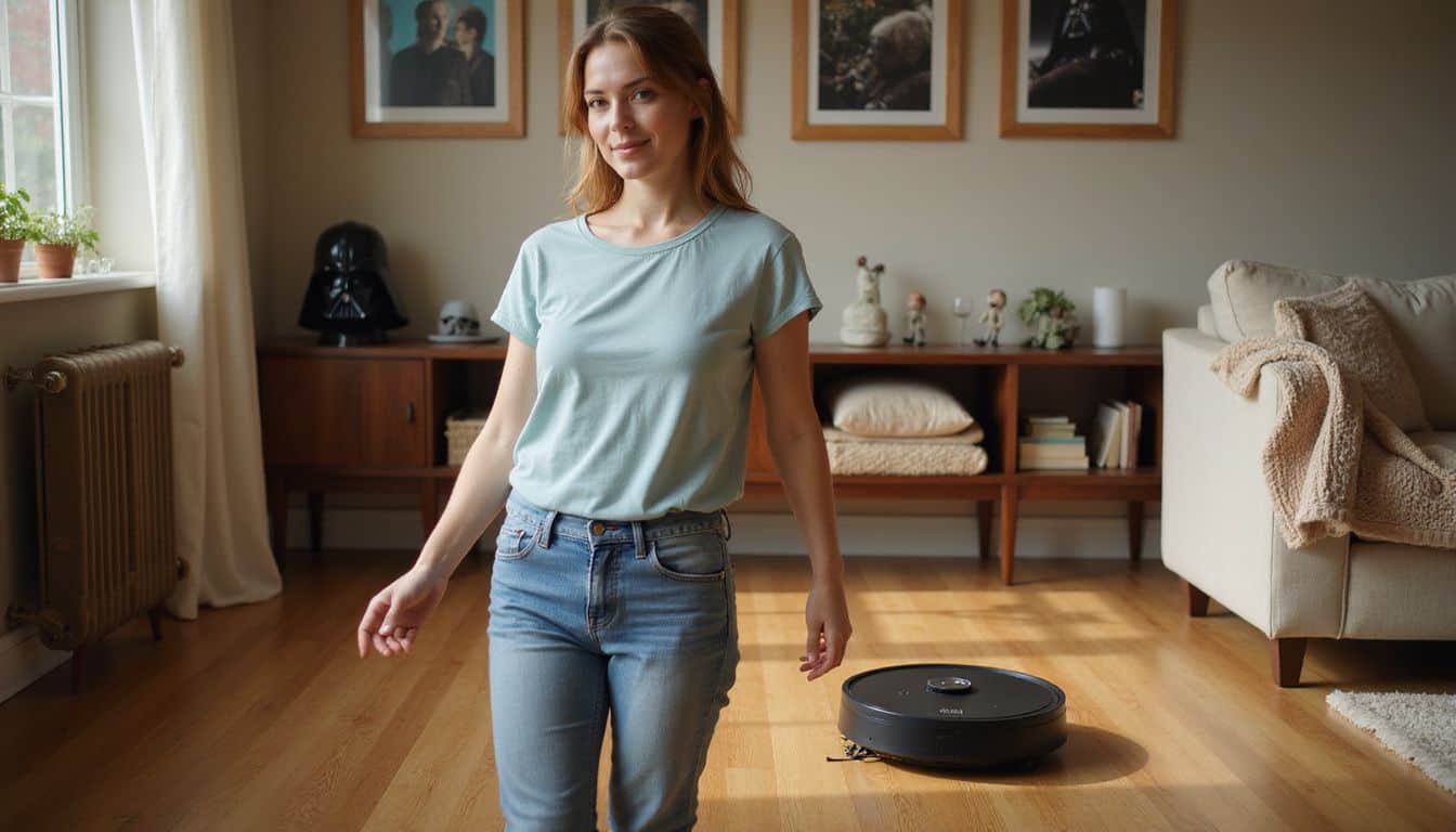 A woman in a casual outfit smiles as she points to her robot vacuum in a cozy living room. A woman in a casual outfit smiles as she points to her robot vacuum in a cozy living room.